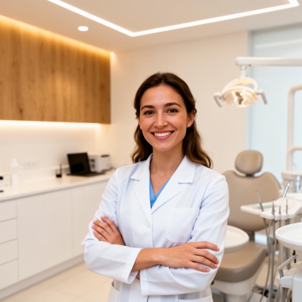 Dentista sonriendo en su consultorio, ejemplo de negocio local creciendo con Trustars